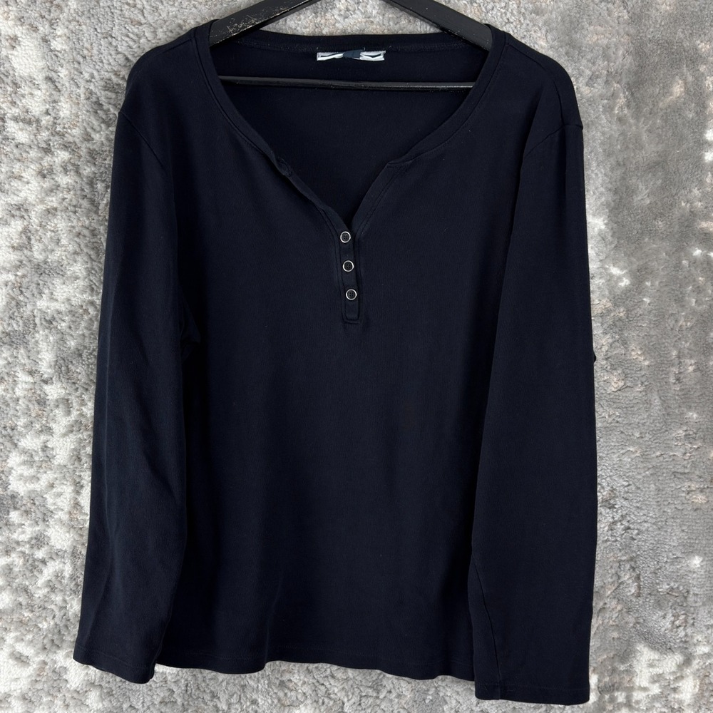 Karen Scott‎ Size L Minimalist Casual V Neck Top Black Long Sleeve Cotton